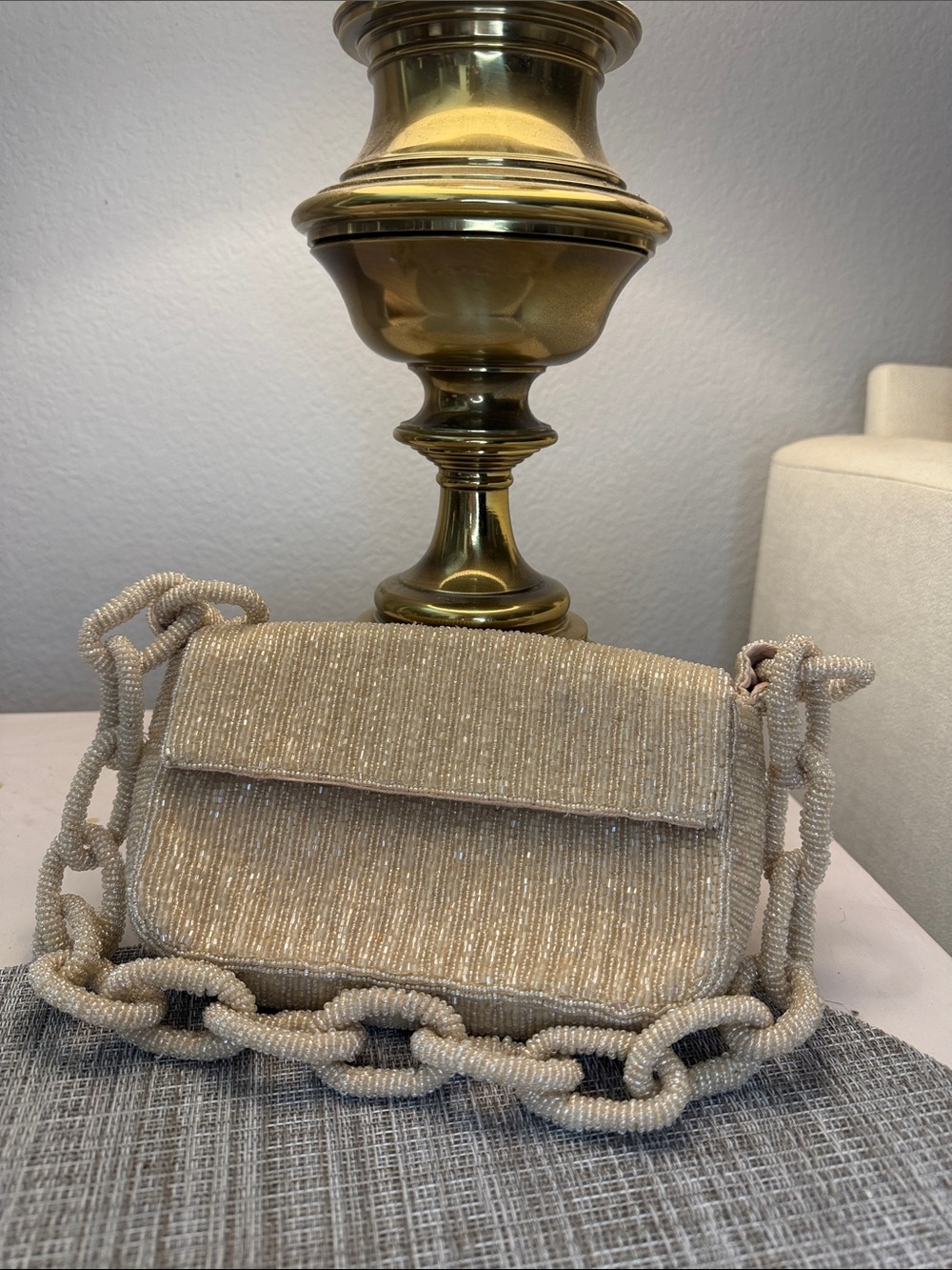 Anthropologie Champagne Beaded Chain Crossbody Bag